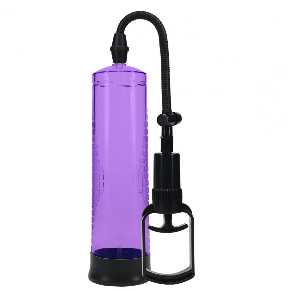 Basic transparent penis pump with measurement cylinder and soft silicone entry sleeve for erectile support and enhancement, purple front size| Flirty bay online adult store, adult toys and lingerie